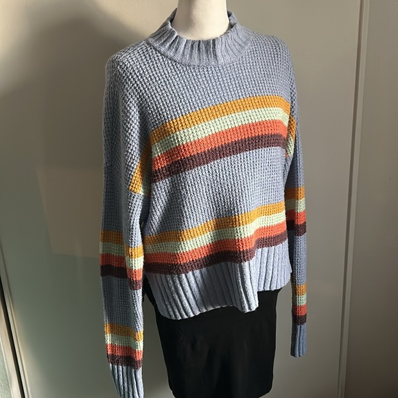 SO Women’s Oversized Fuzzy Waffle Knit Mock Neck Cozy Striped Sweater - Picture 8 of 8